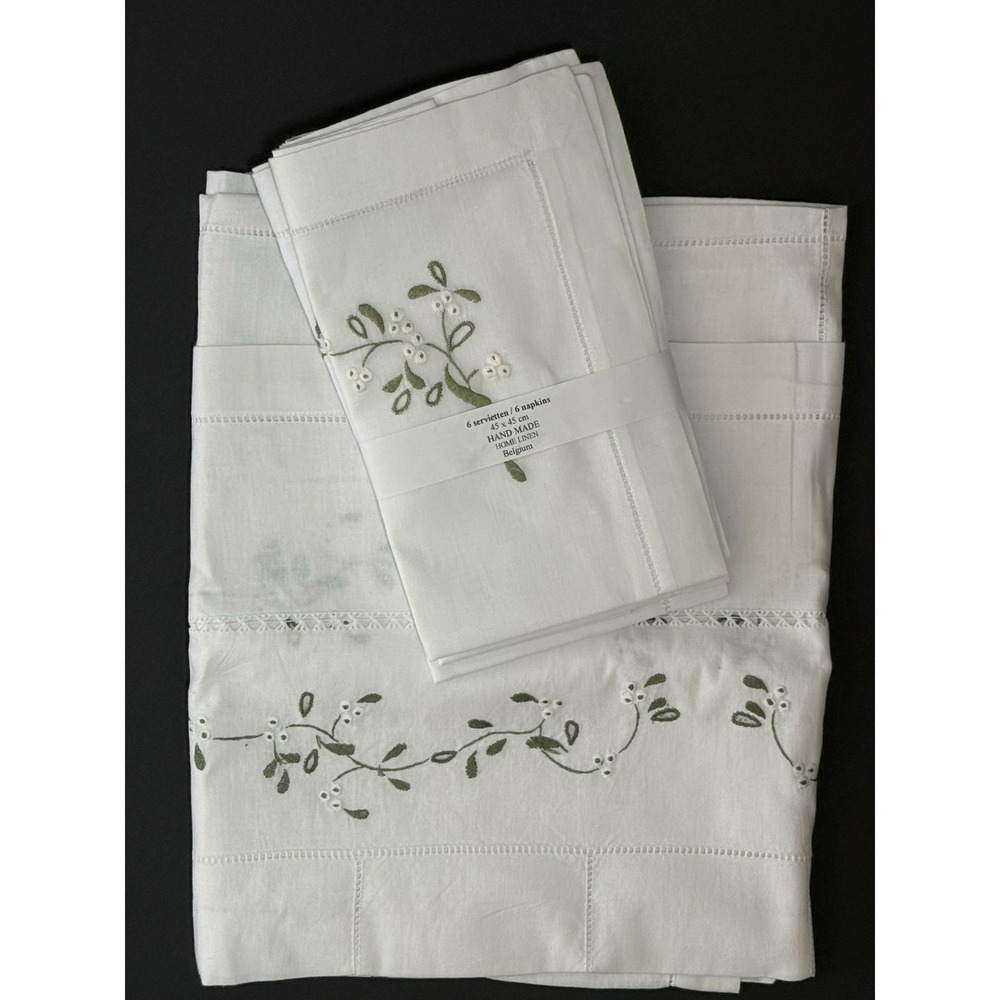 Vtg NEW Belgium Embroidered Linen Set 6 Napkins/39" Tablecloth White Floral/Lace